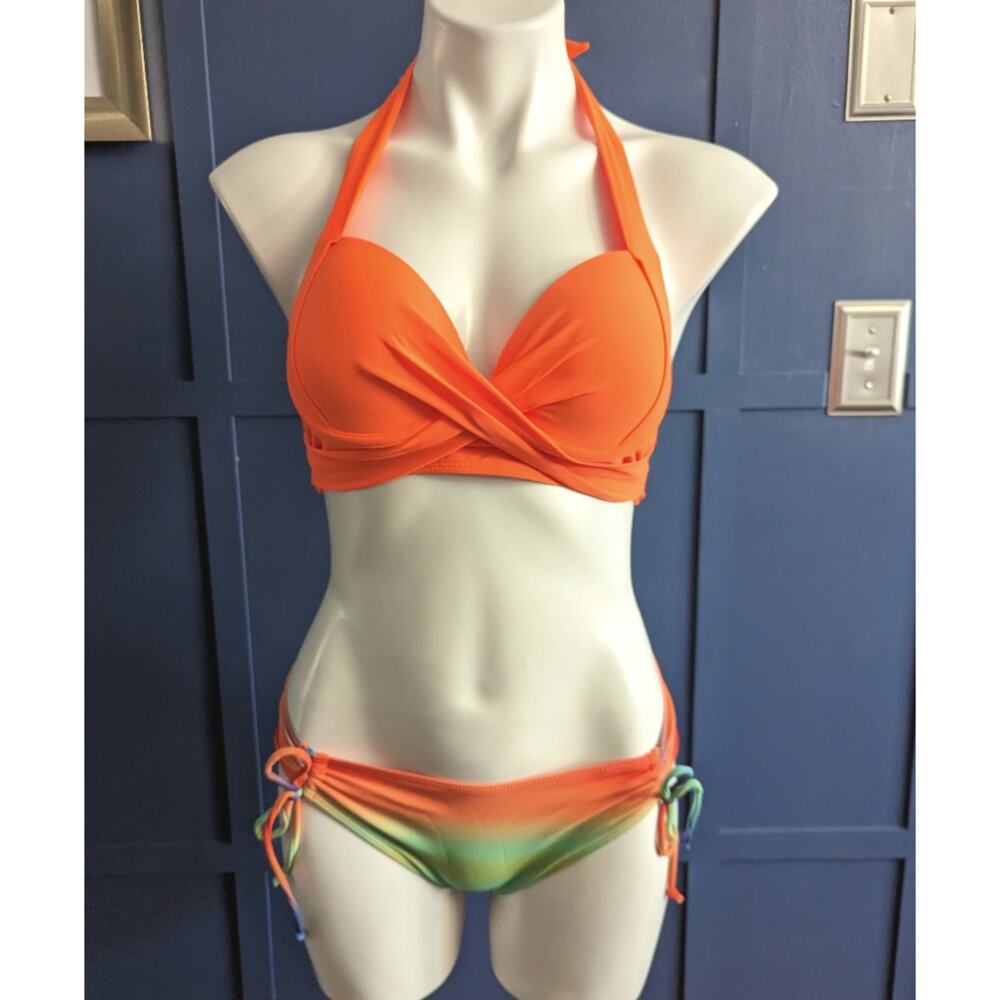 Shein Neon Orange Molded Cup Halter Bikini Sunset Ombre sz Small New